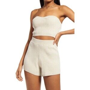 Open Edit Woman's Sweater Shorts In Beige Oatmeal Medium Heather Size XL